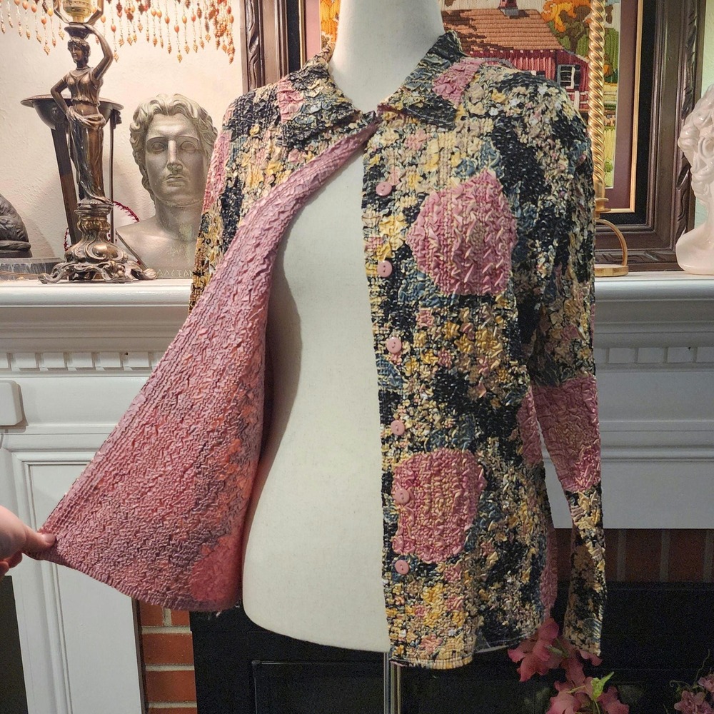 FU Collection Reversible Popcorn Top Womens XL Floral Mauve Textured Blouse Y2K‎